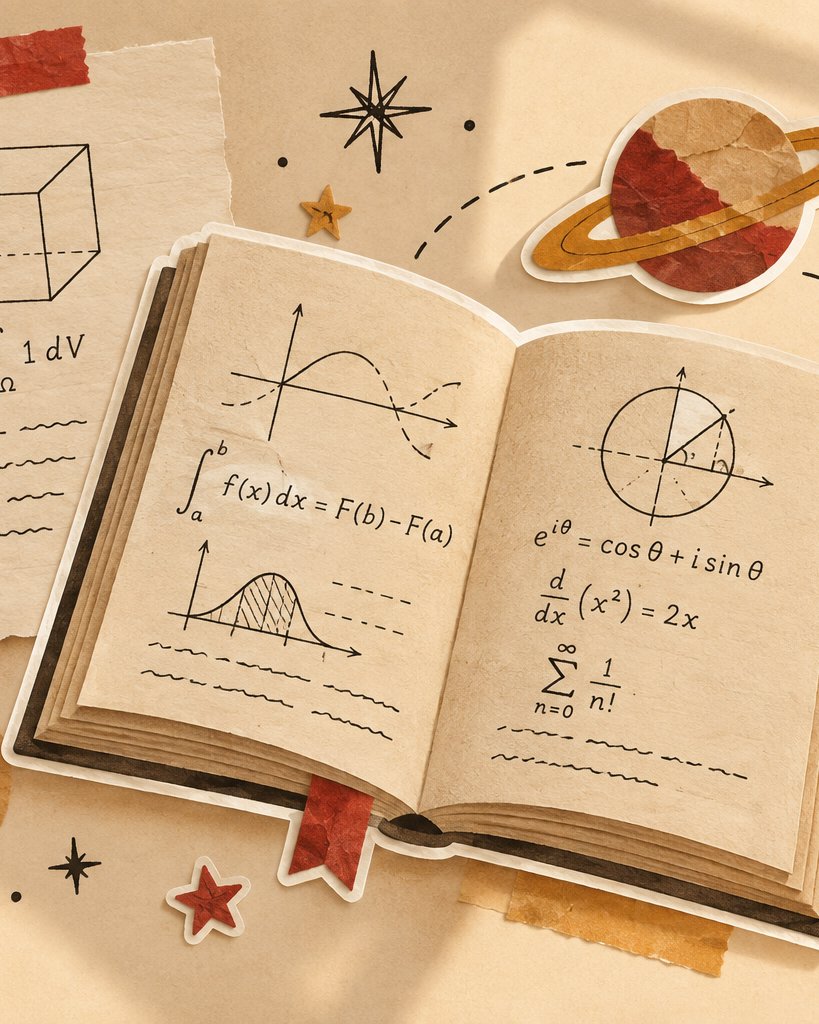 剪纸拼贴风：翻开的数学书与公式手稿
